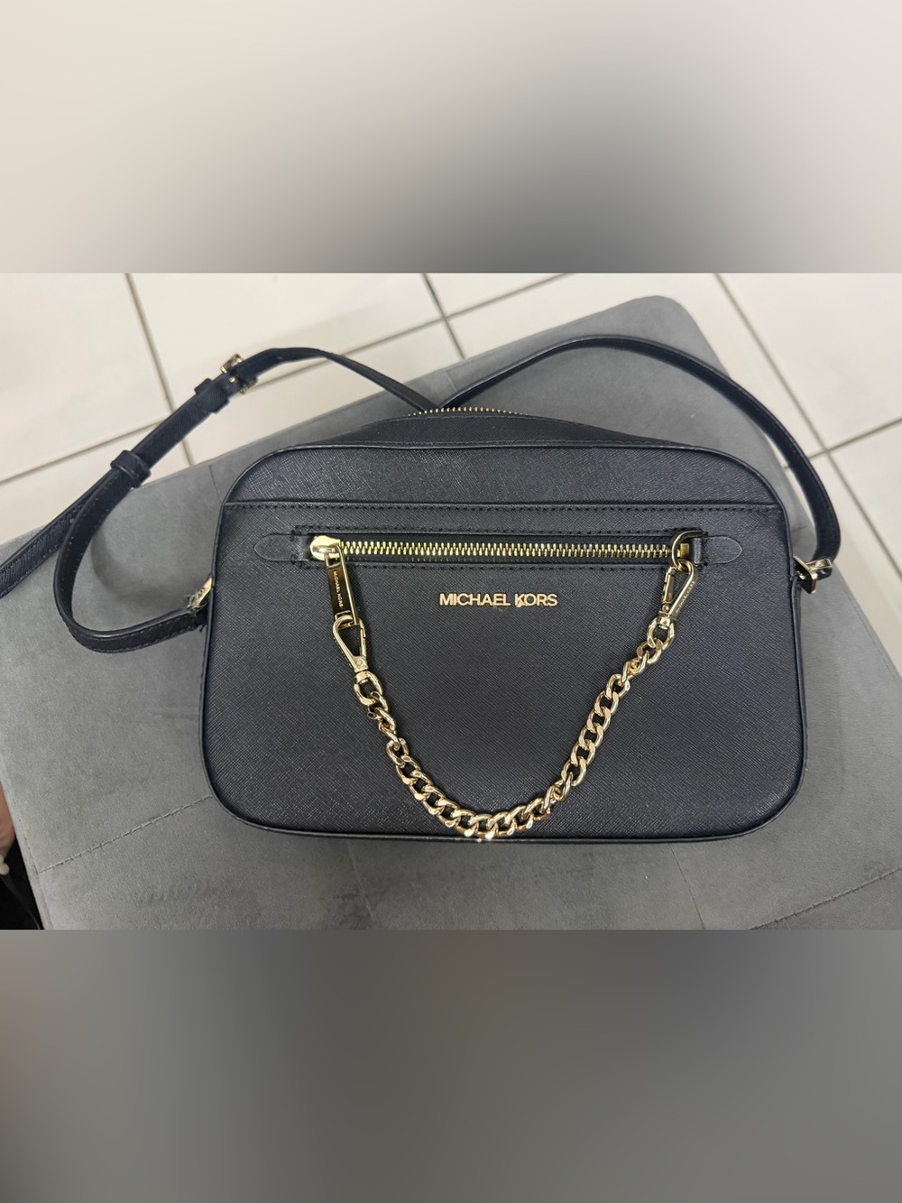Michael Kors Navy Saffiano Leather Crossbody with Gold Chain Accent
